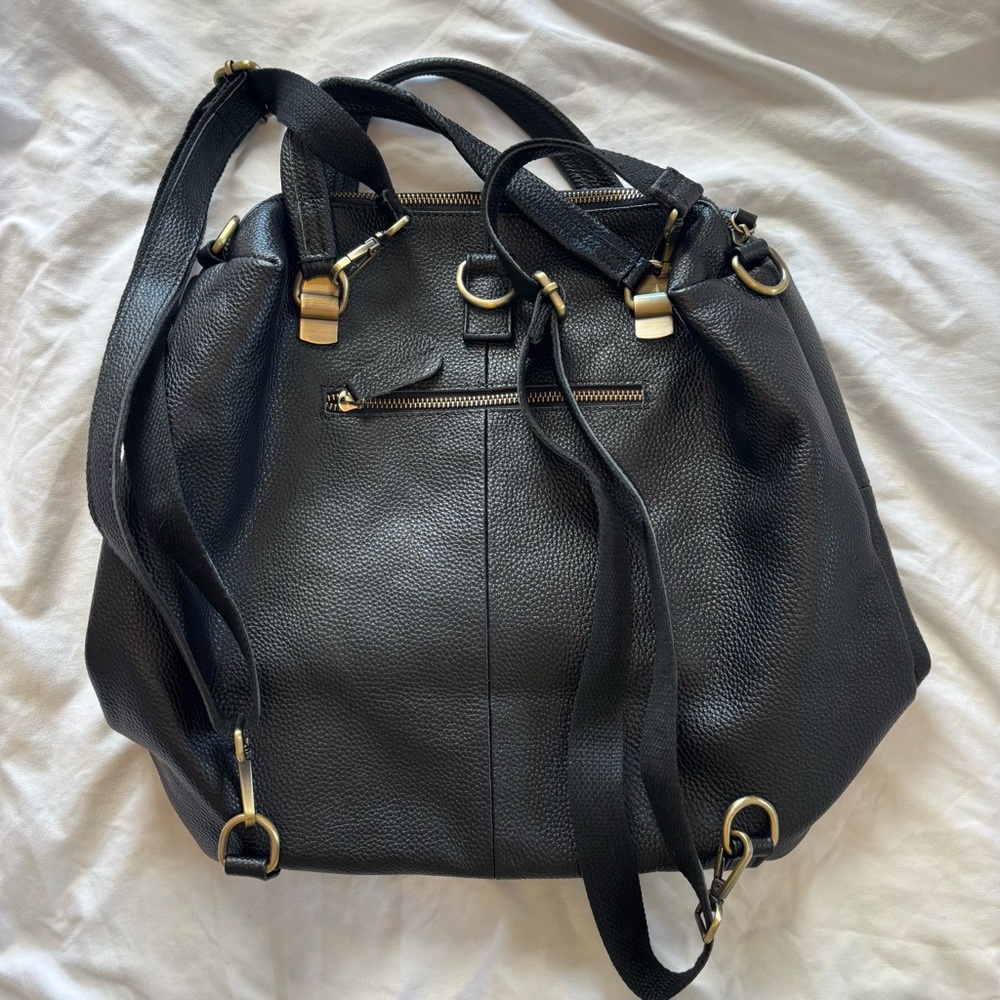 Black Leather Convertible  Backpack Tote Bag Shoulder bag Handbag